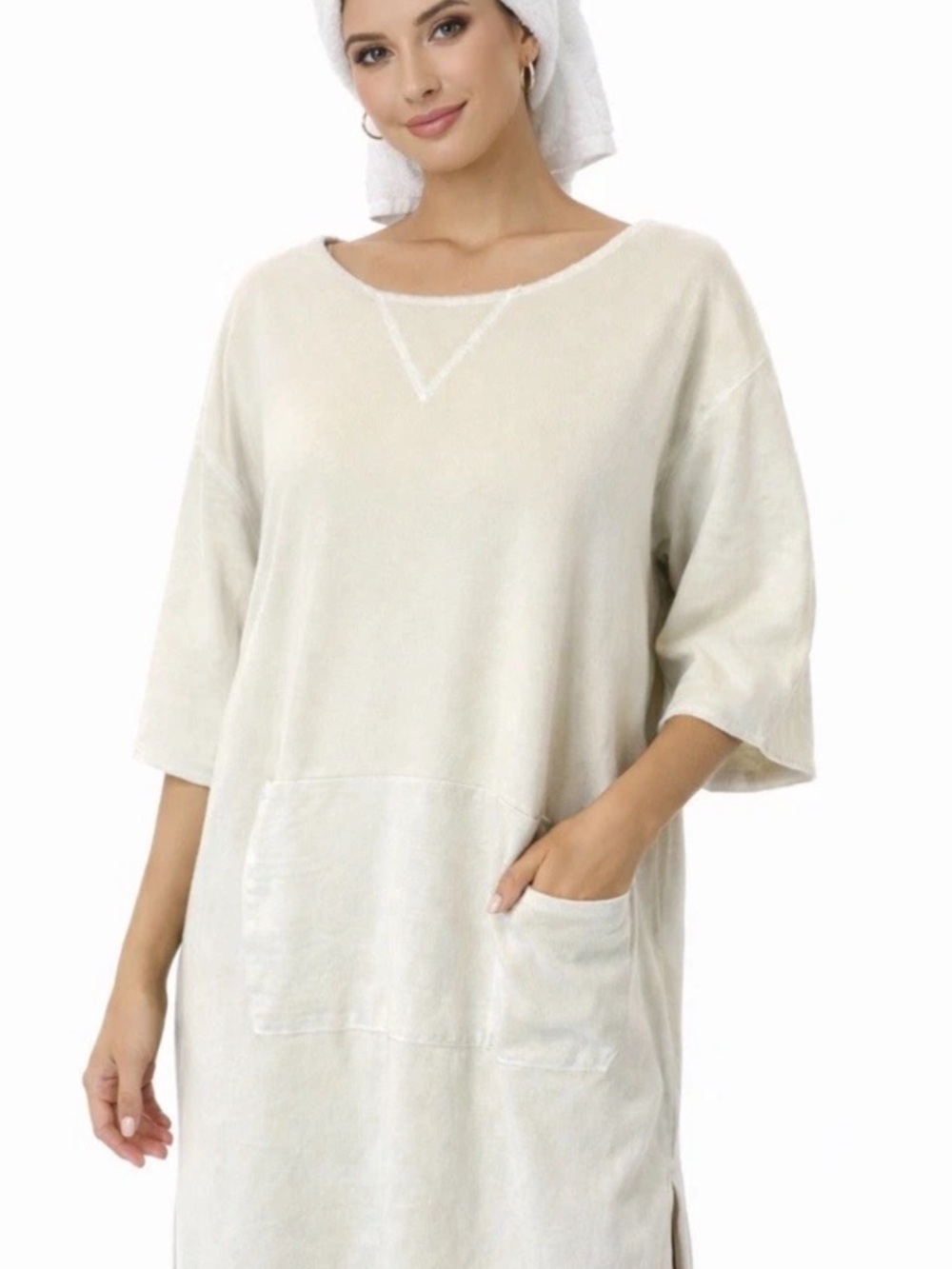 Cozy Cotton Lounge Dress L Anne Lewin  Oversized Spa Sleepwear Minimalist Sage